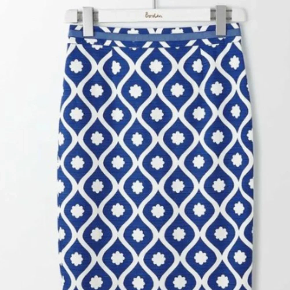 Boden Pencil Skirt Blue White Prints Size 10P‎